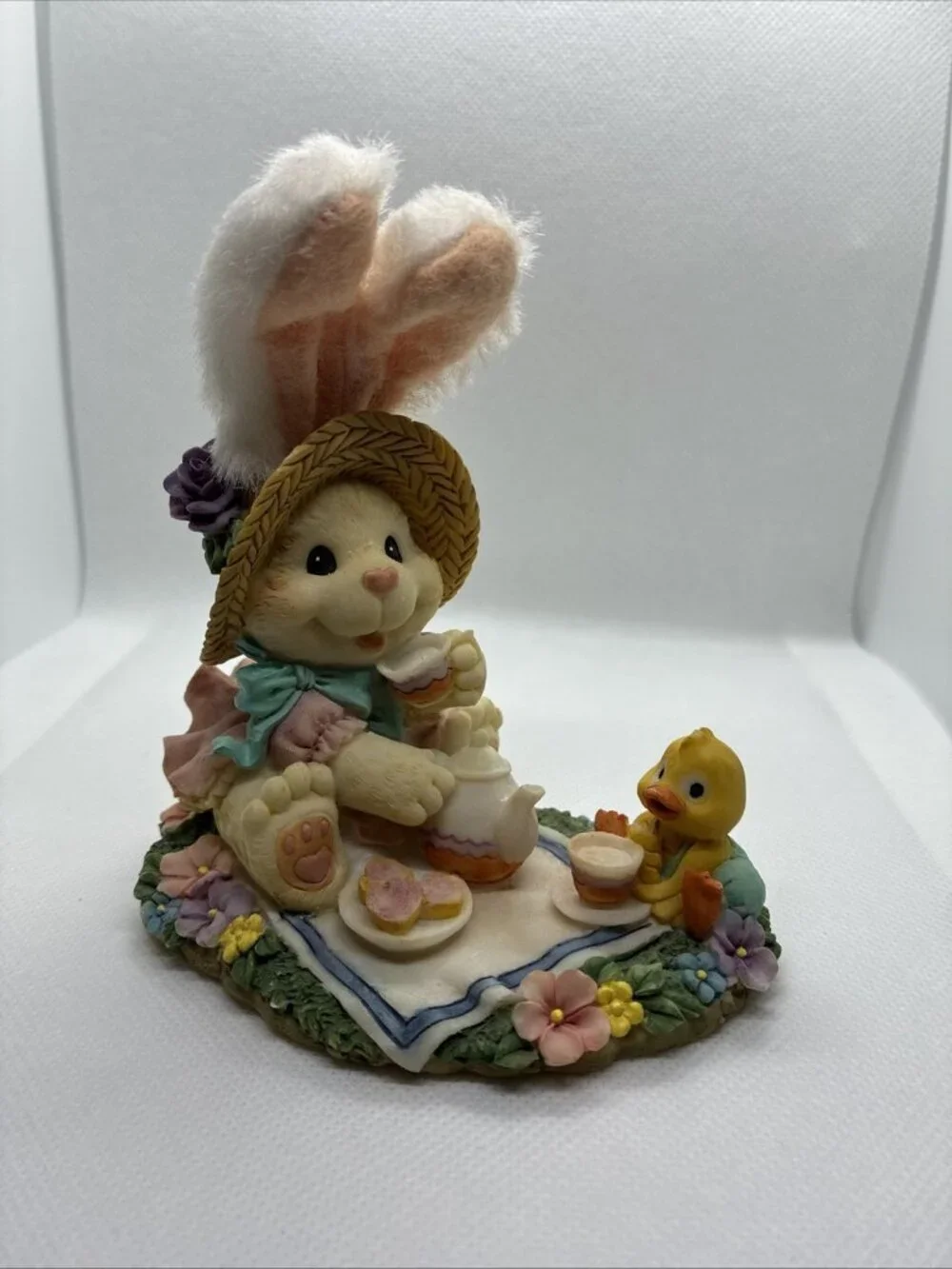 Vintage Easter Bunny Tea Party Figurine Chick Picnic Resin Decor Fuzzy Ears